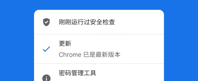 一条提醒，显示 Chrome 已完成安全检查，并且该浏览器已是最新版本。